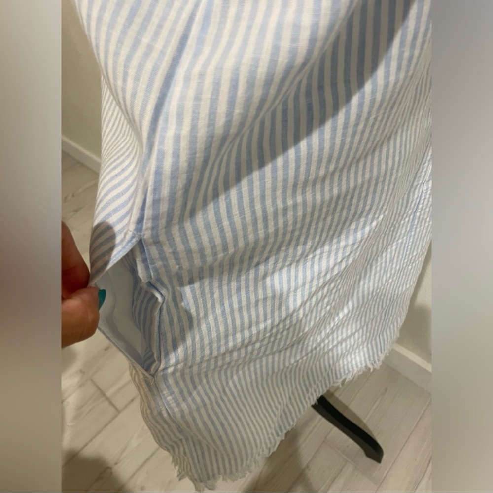 New Tommy Bahama Two Palms Mini Cabana Stripe Ruffle Linen Dress in Light Sky - Picture 7 of 10